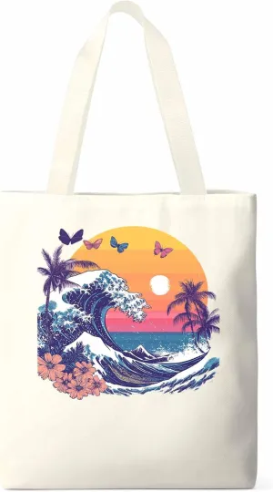 Canvas Tote Bag, Ocean Waves Palm Trees Rainbow Butterfly Aesthetic Canvas Tote Handbags for Women Shoulder Bag