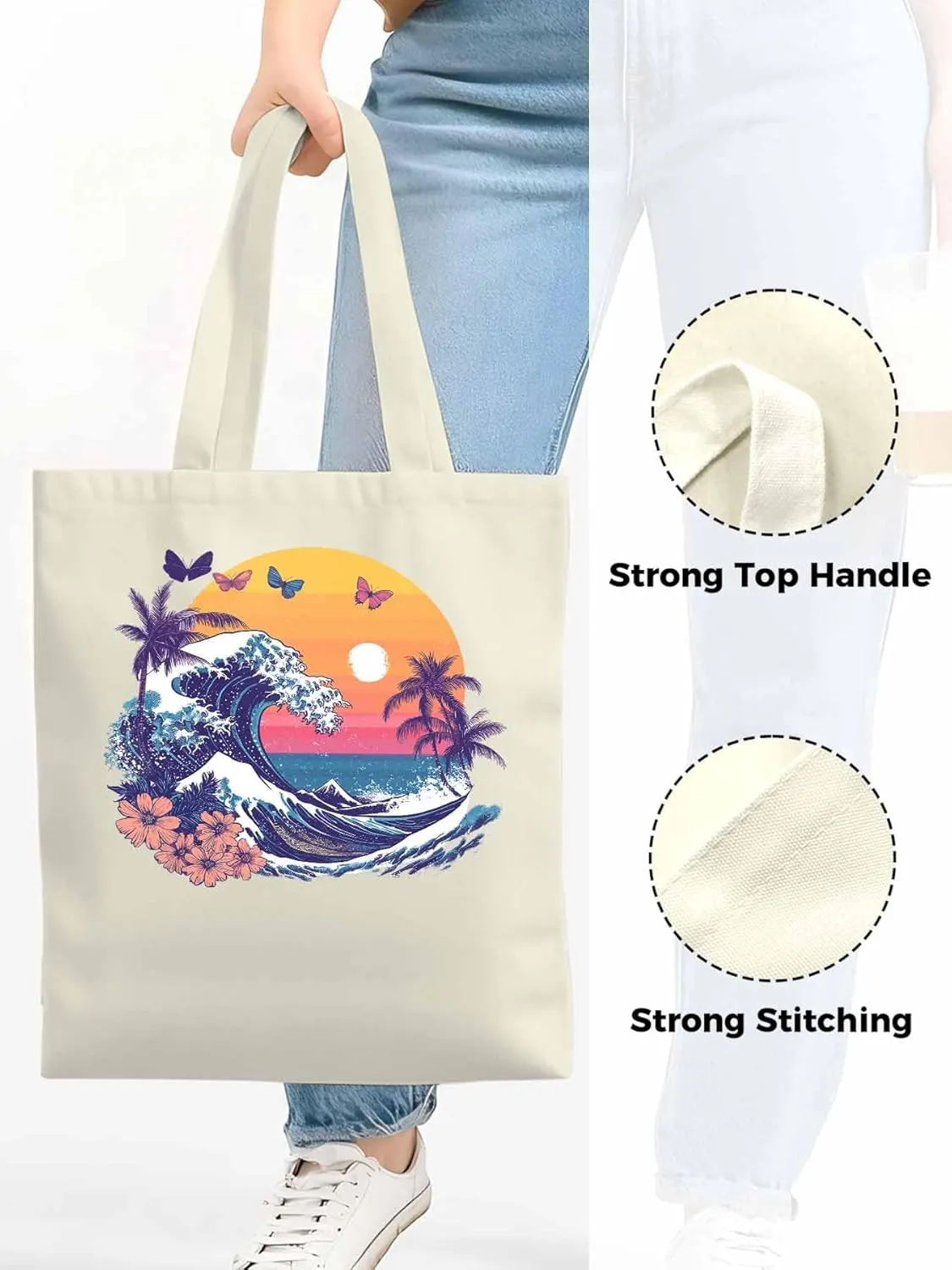 Canvas Tote Bag, Ocean Waves Palm Trees Rainbow Butterfly Aesthetic Canvas Tote Handbags for Women Shoulder Bag