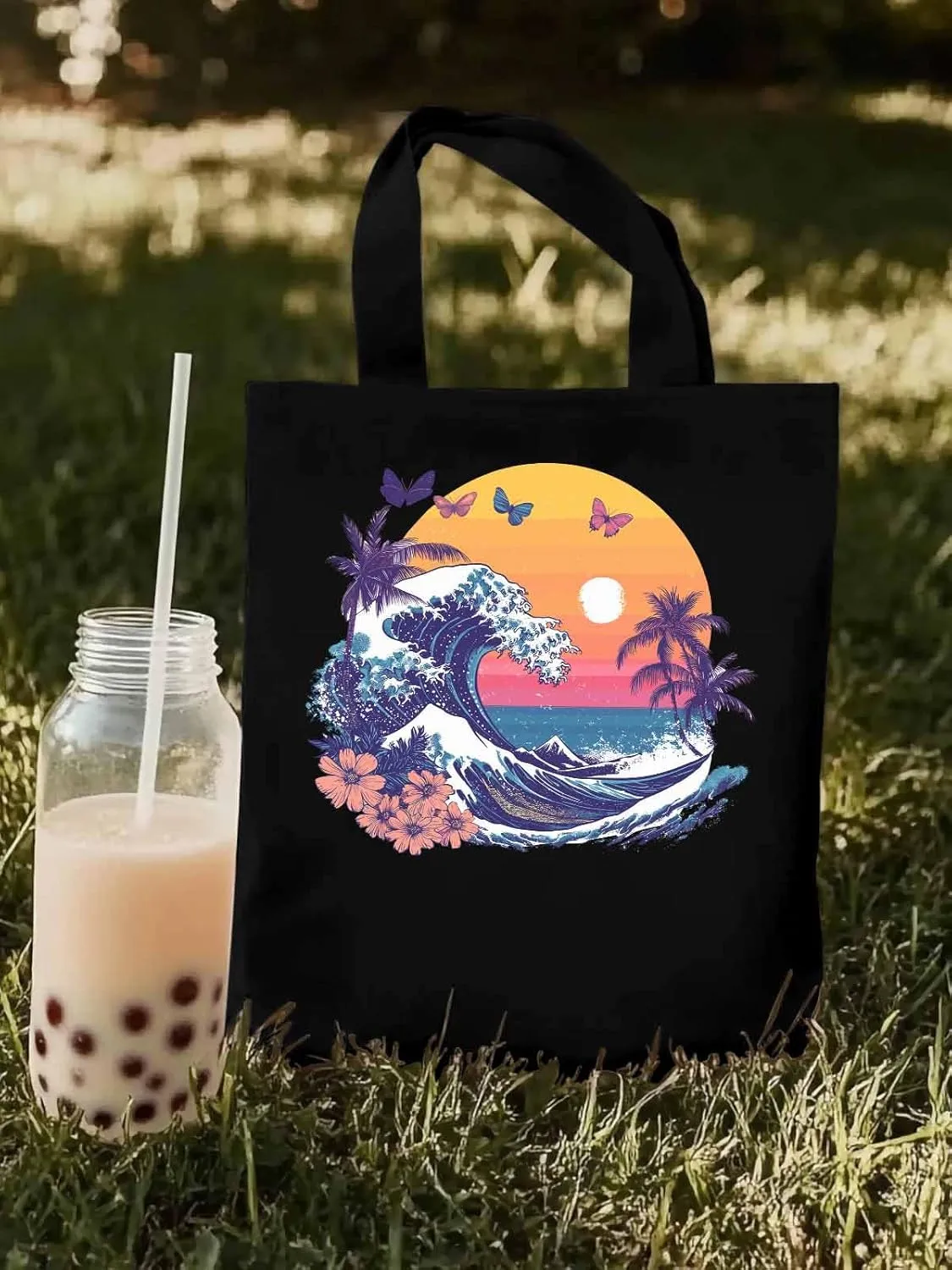 Canvas Tote Bag, Ocean Waves Palm Trees Rainbow Butterfly Aesthetic Canvas Tote Handbags for Women Shoulder Bag
