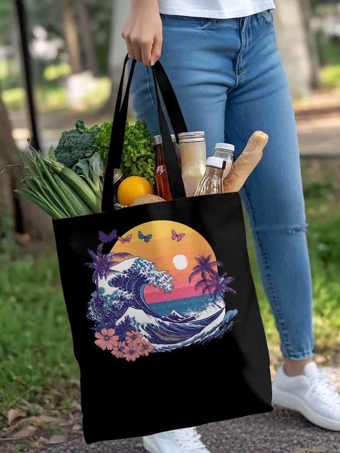 Canvas Tote Bag, Ocean Waves Palm Trees Rainbow Butterfly Aesthetic Canvas Tote Handbags for Women Shoulder Bag