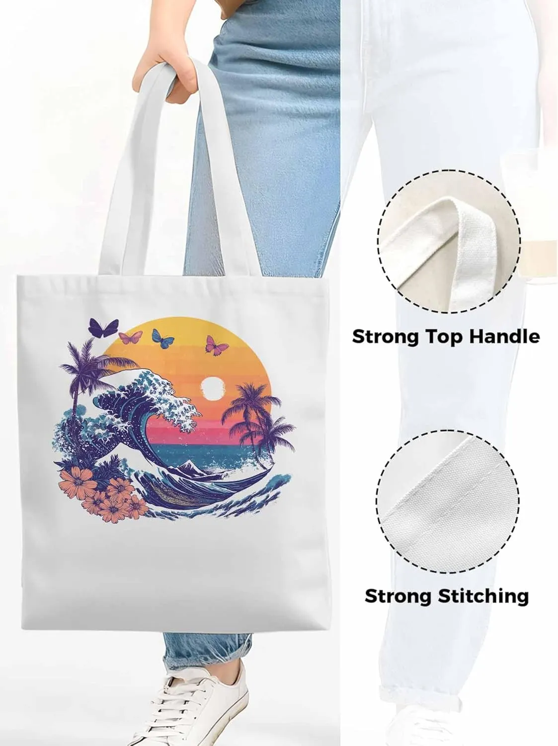Canvas Tote Bag, Ocean Waves Palm Trees Rainbow Butterfly Aesthetic Canvas Tote Handbags for Women Shoulder Bag