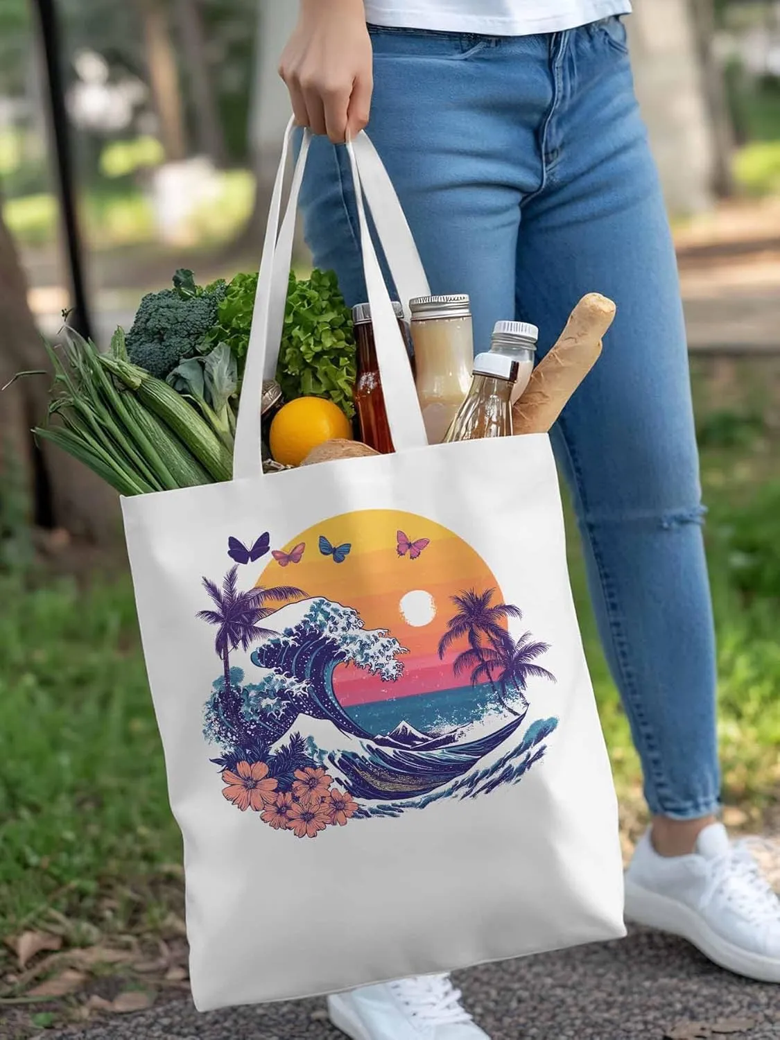 Canvas Tote Bag, Ocean Waves Palm Trees Rainbow Butterfly Aesthetic Canvas Tote Handbags for Women Shoulder Bag