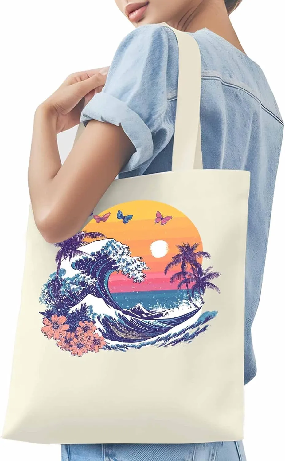 Canvas Tote Bag, Ocean Waves Palm Trees Rainbow Butterfly Aesthetic Canvas Tote Handbags for Women Shoulder Bag