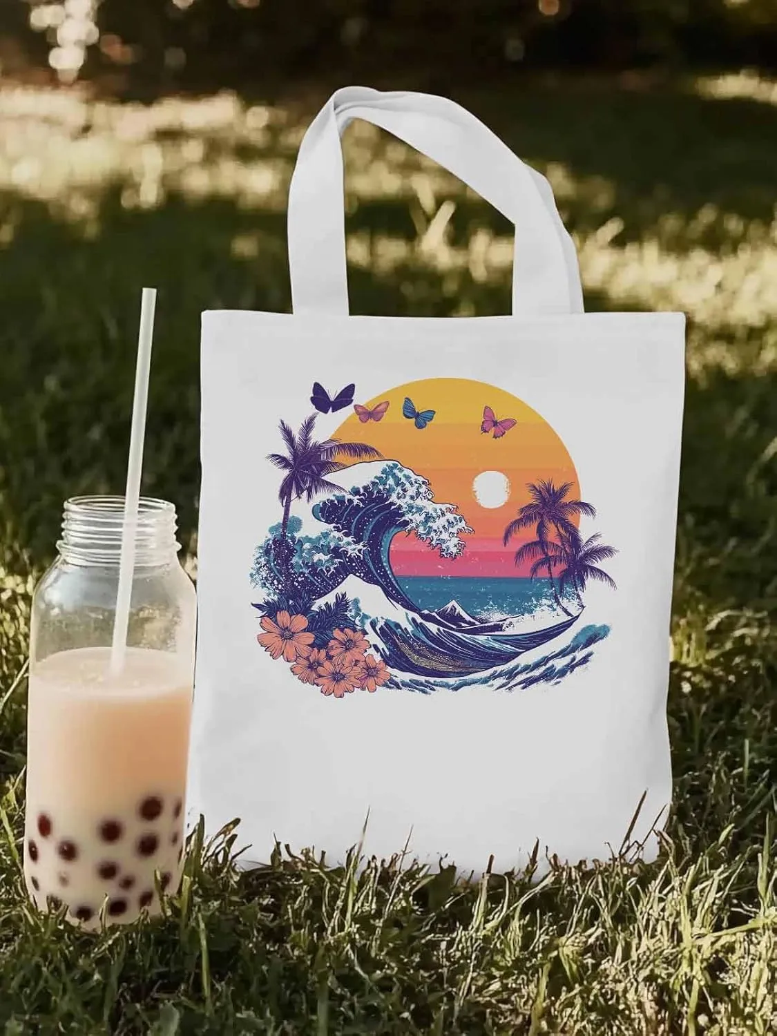 Canvas Tote Bag, Ocean Waves Palm Trees Rainbow Butterfly Aesthetic Canvas Tote Handbags for Women Shoulder Bag