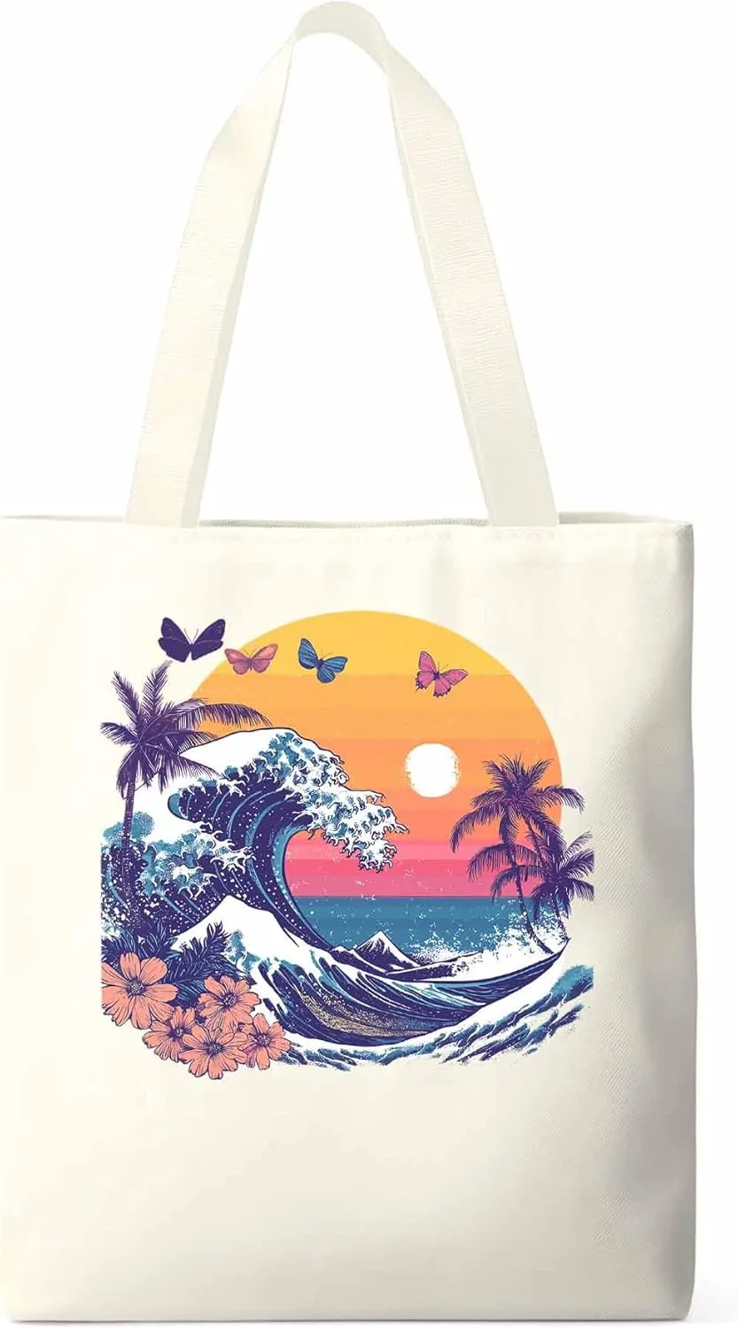 Canvas Tote Bag, Ocean Waves Palm Trees Rainbow Butterfly Aesthetic Canvas Tote Handbags for Women Shoulder Bag