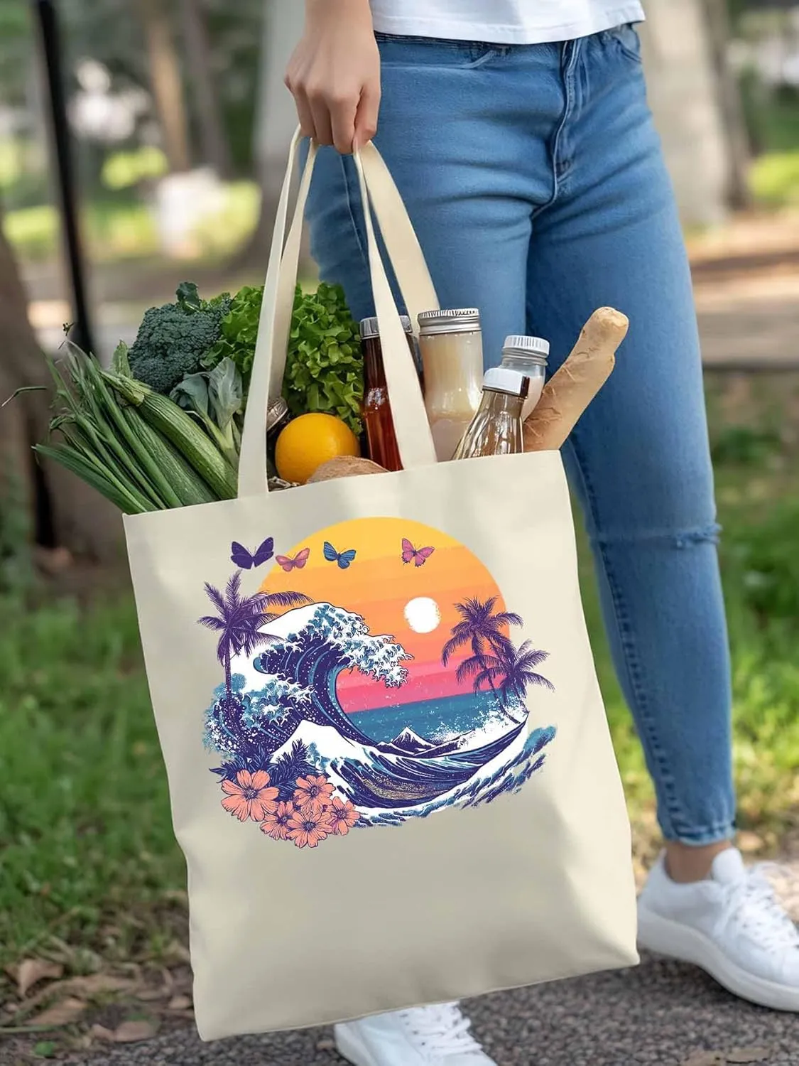 Canvas Tote Bag, Ocean Waves Palm Trees Rainbow Butterfly Aesthetic Canvas Tote Handbags for Women Shoulder Bag