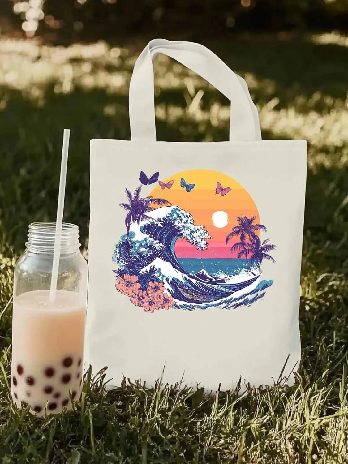 Canvas Tote Bag, Ocean Waves Palm Trees Rainbow Butterfly Aesthetic Canvas Tote Handbags for Women Shoulder Bag