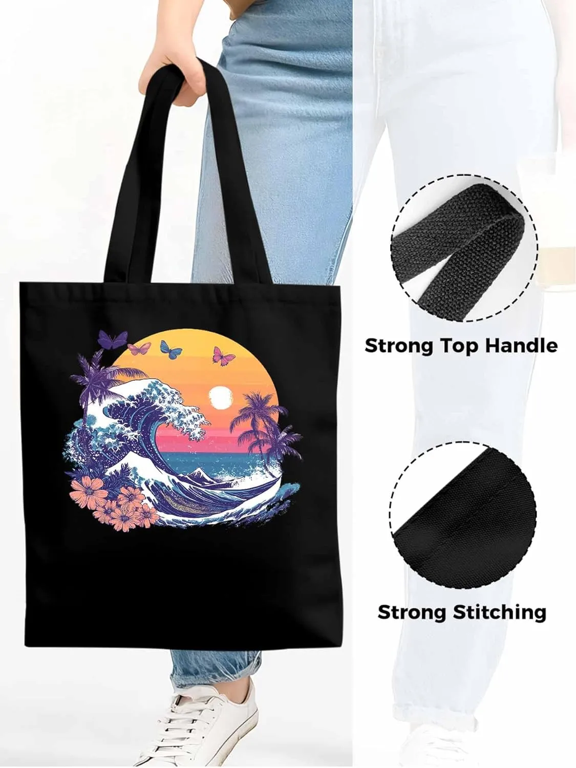 Canvas Tote Bag, Ocean Waves Palm Trees Rainbow Butterfly Aesthetic Canvas Tote Handbags for Women Shoulder Bag