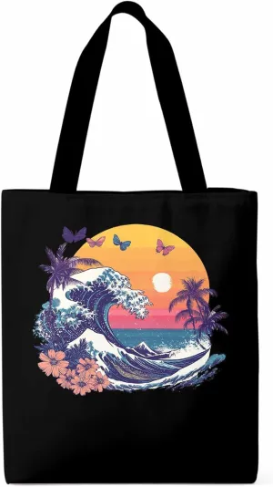 Canvas Tote Bag, Ocean Waves Palm Trees Rainbow Butterfly Aesthetic Canvas Tote Handbags for Women Shoulder Bag