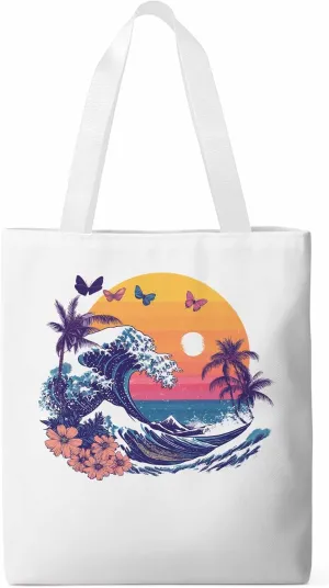 Canvas Tote Bag, Ocean Waves Palm Trees Rainbow Butterfly Aesthetic Canvas Tote Handbags for Women Shoulder Bag