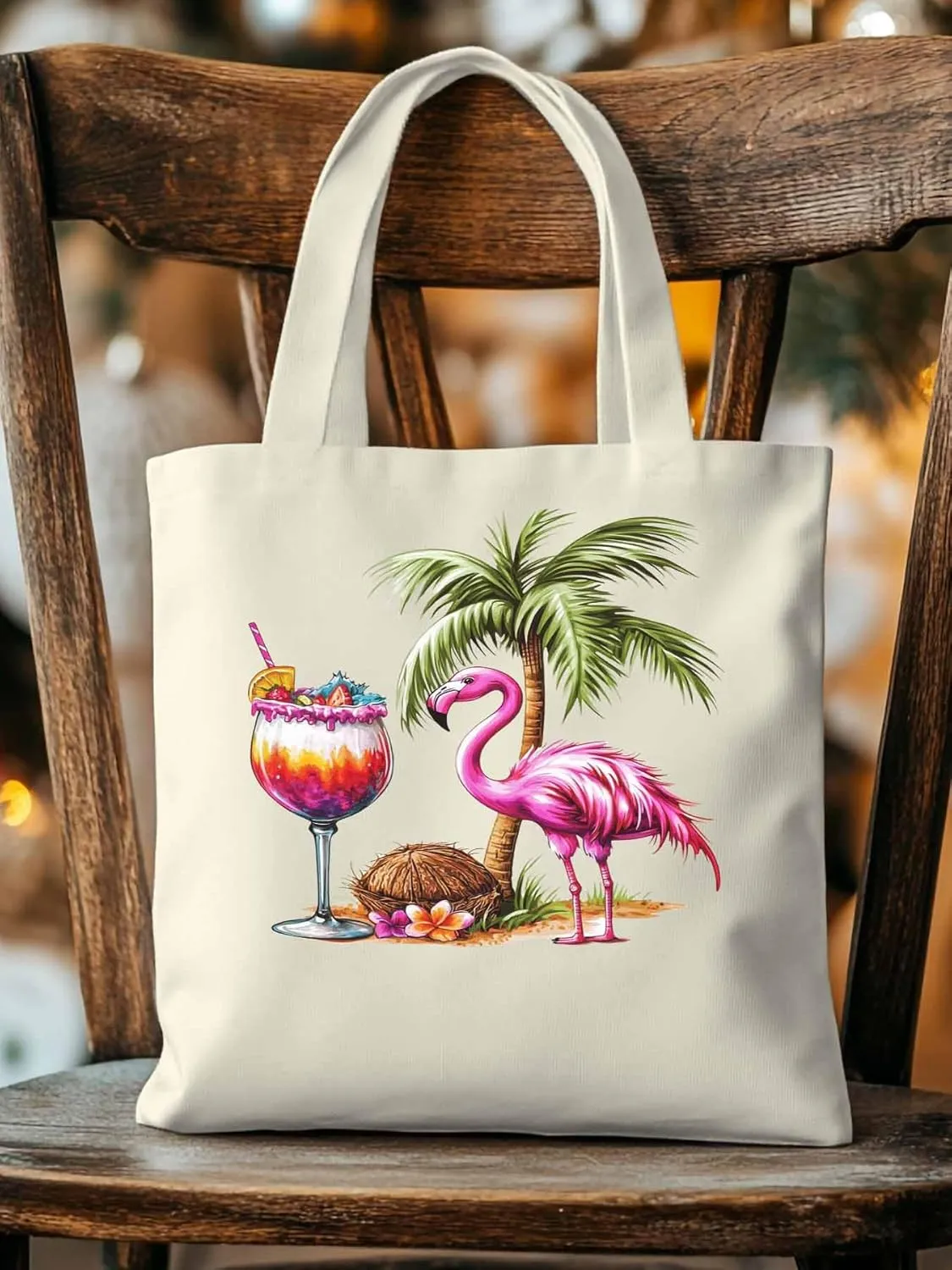 Canvas Tote Bag, Palm Tree Flamingo Beach Aesthetic Canvas Tote Handbags for Women Shoulder Bag,