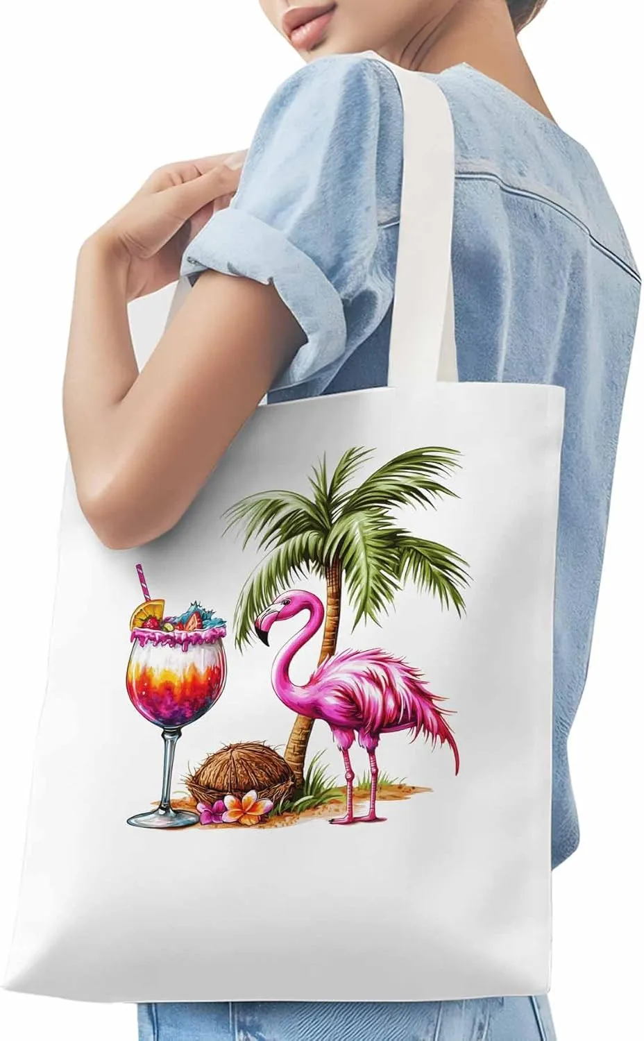 Canvas Tote Bag, Palm Tree Flamingo Beach Aesthetic Canvas Tote Handbags for Women Shoulder Bag,