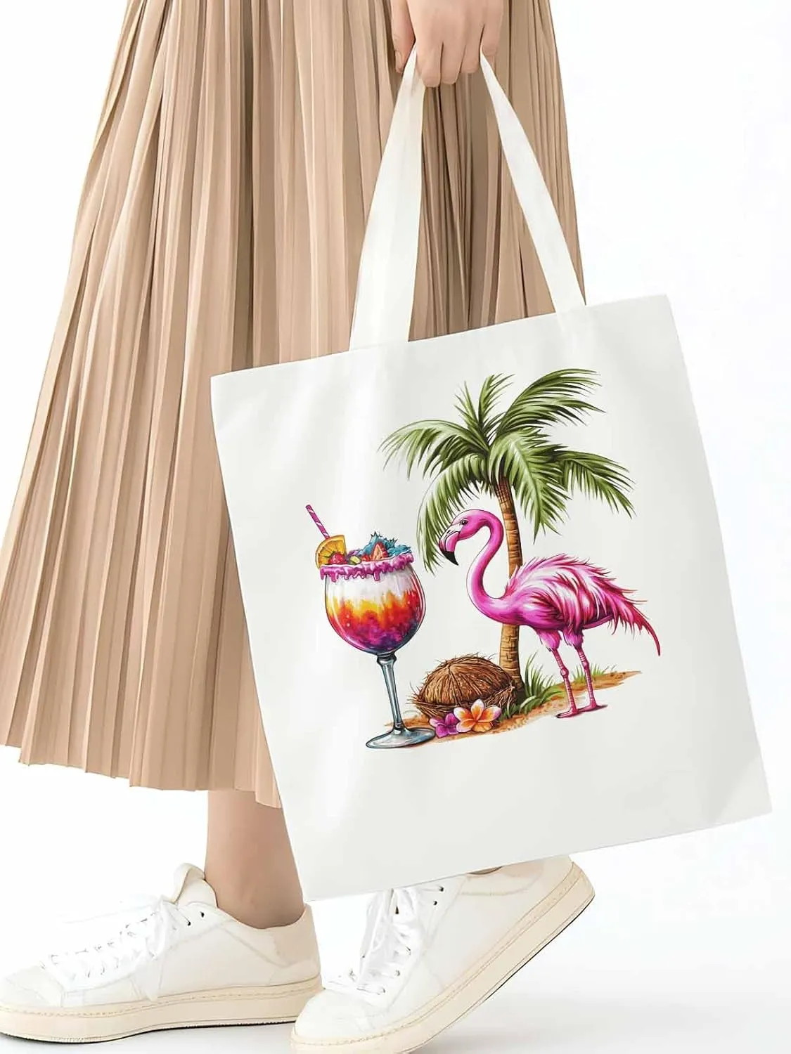 Canvas Tote Bag, Palm Tree Flamingo Beach Aesthetic Canvas Tote Handbags for Women Shoulder Bag,
