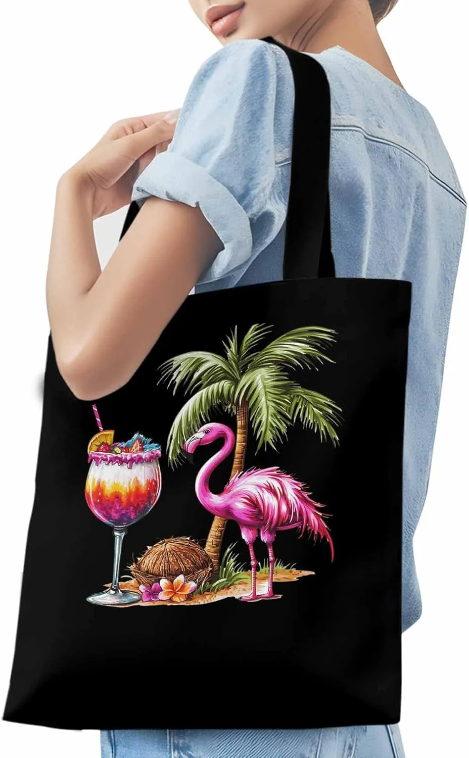 Canvas Tote Bag, Palm Tree Flamingo Beach Aesthetic Canvas Tote Handbags for Women Shoulder Bag,