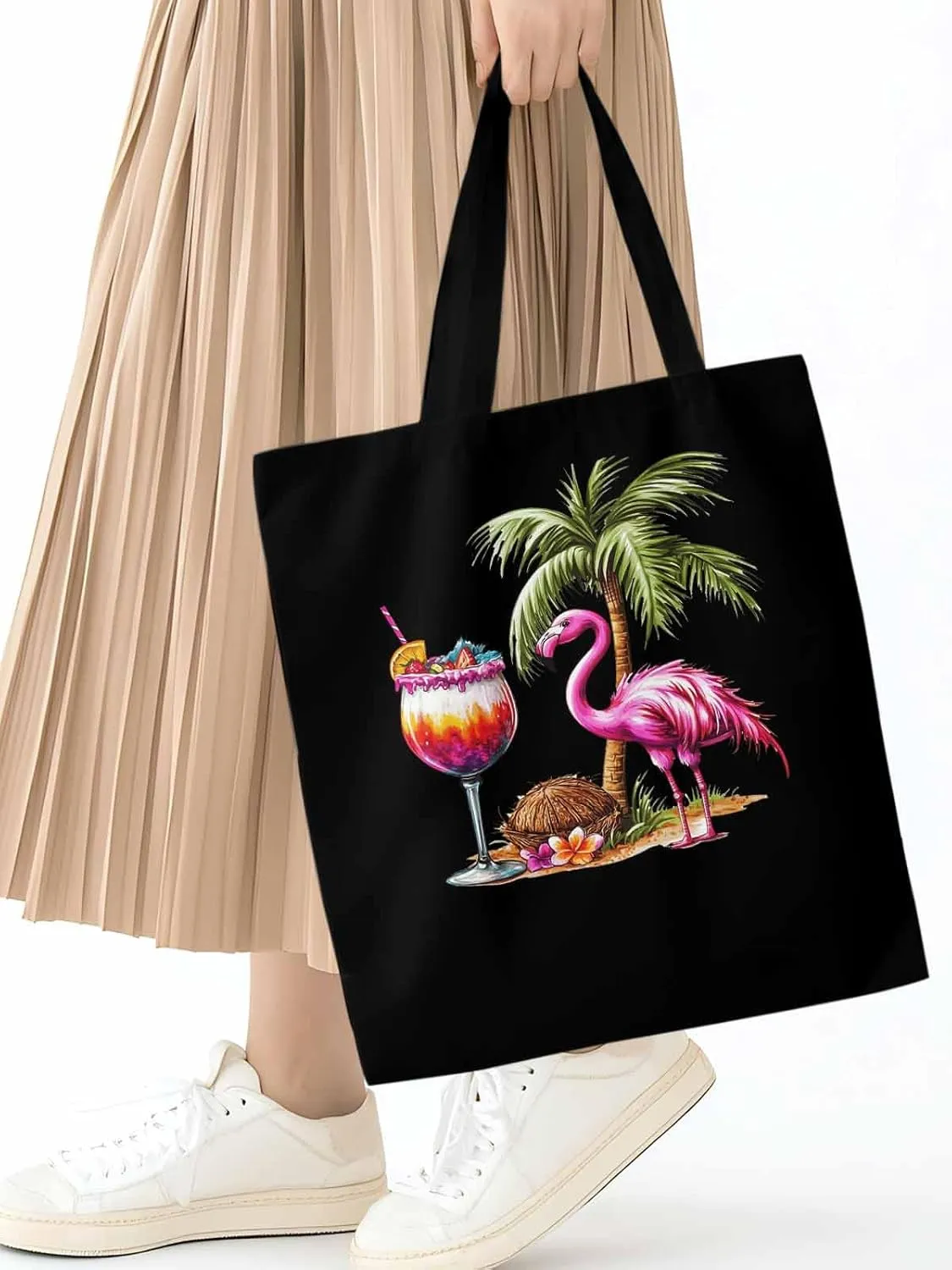 Canvas Tote Bag, Palm Tree Flamingo Beach Aesthetic Canvas Tote Handbags for Women Shoulder Bag,