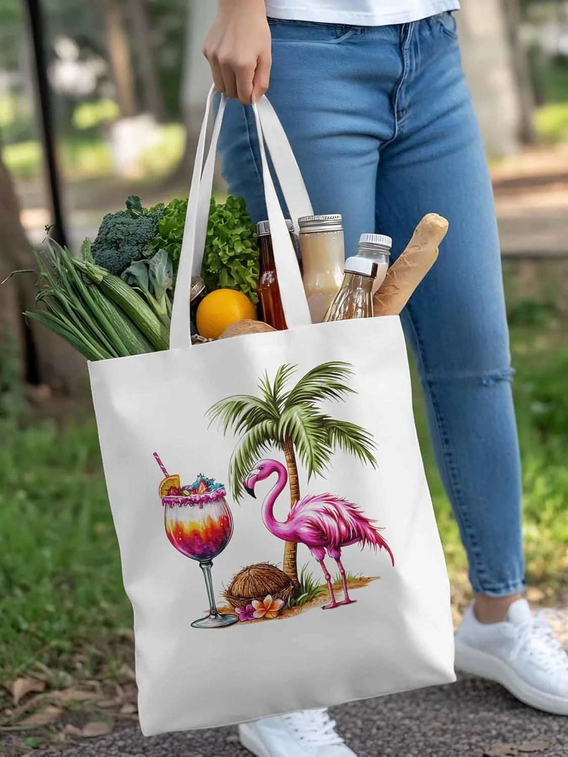 Canvas Tote Bag, Palm Tree Flamingo Beach Aesthetic Canvas Tote Handbags for Women Shoulder Bag,