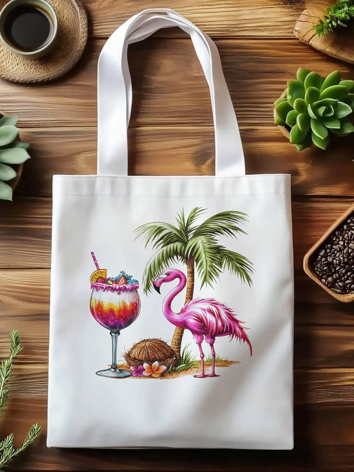 Canvas Tote Bag, Palm Tree Flamingo Beach Aesthetic Canvas Tote Handbags for Women Shoulder Bag,