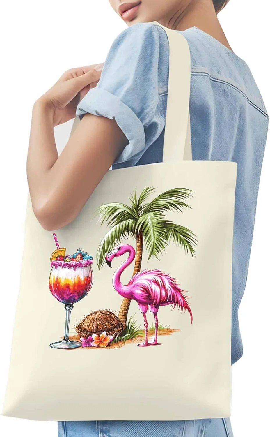 Canvas Tote Bag, Palm Tree Flamingo Beach Aesthetic Canvas Tote Handbags for Women Shoulder Bag,