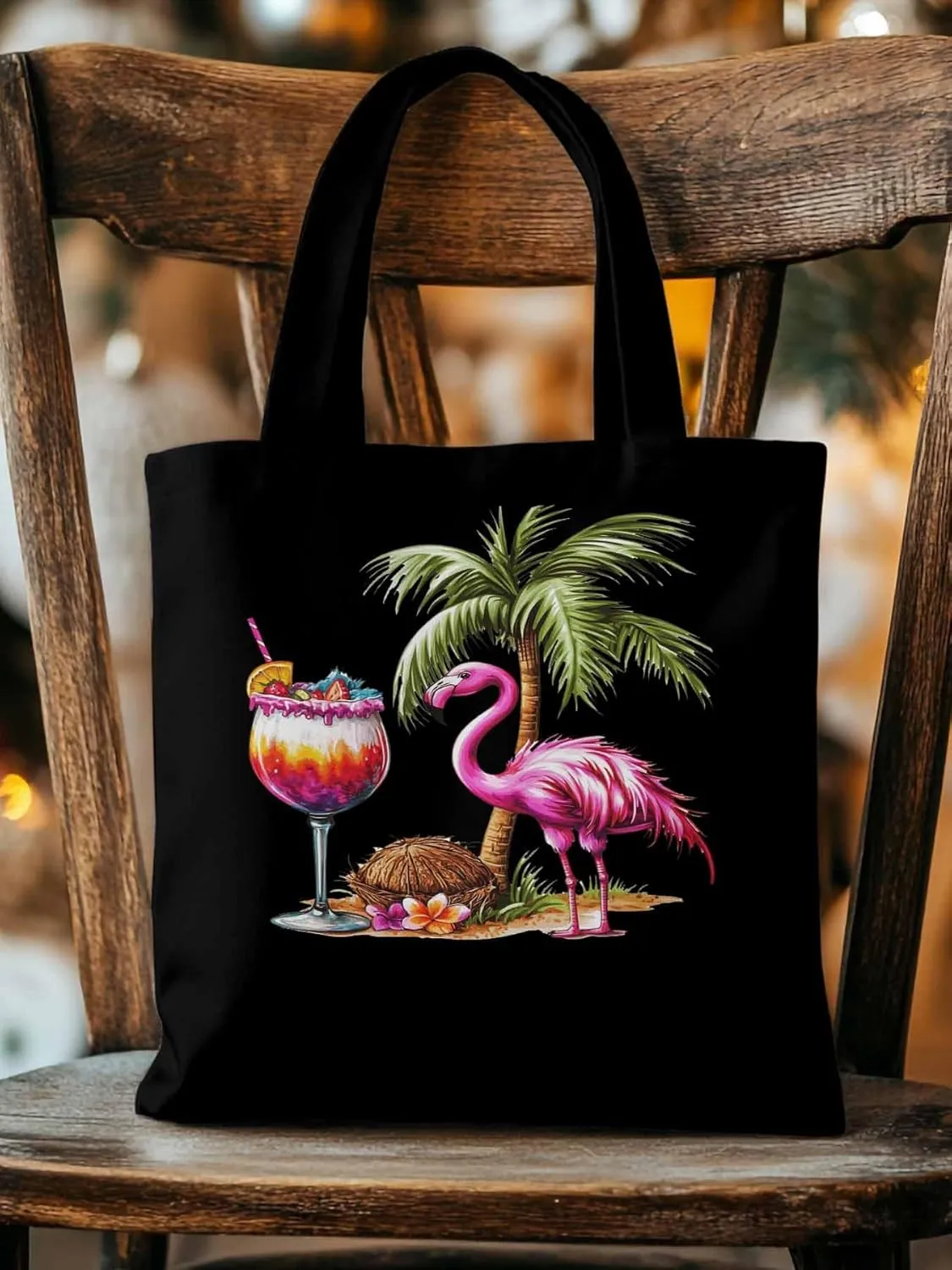 Canvas Tote Bag, Palm Tree Flamingo Beach Aesthetic Canvas Tote Handbags for Women Shoulder Bag,