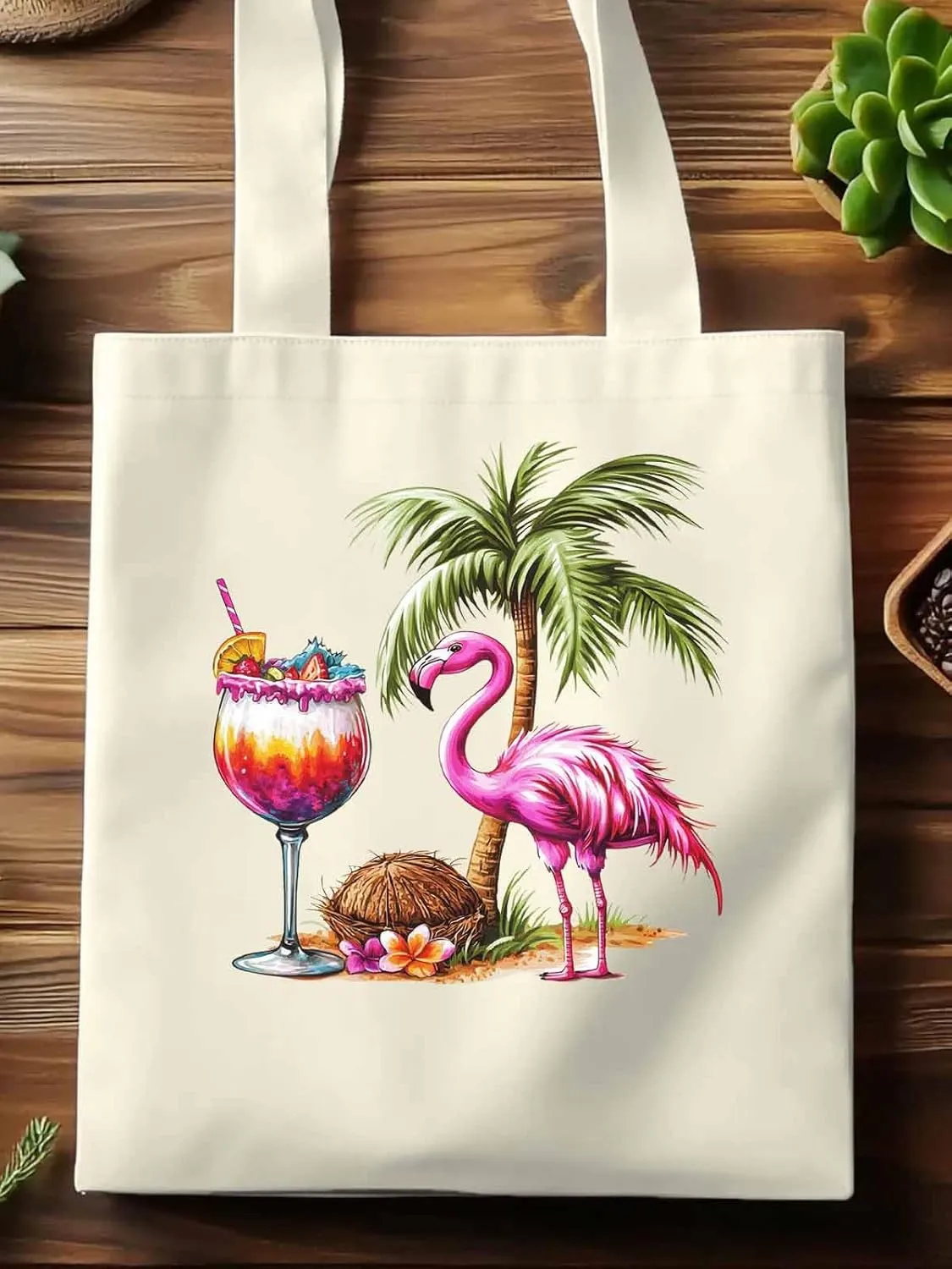 Canvas Tote Bag, Palm Tree Flamingo Beach Aesthetic Canvas Tote Handbags for Women Shoulder Bag,