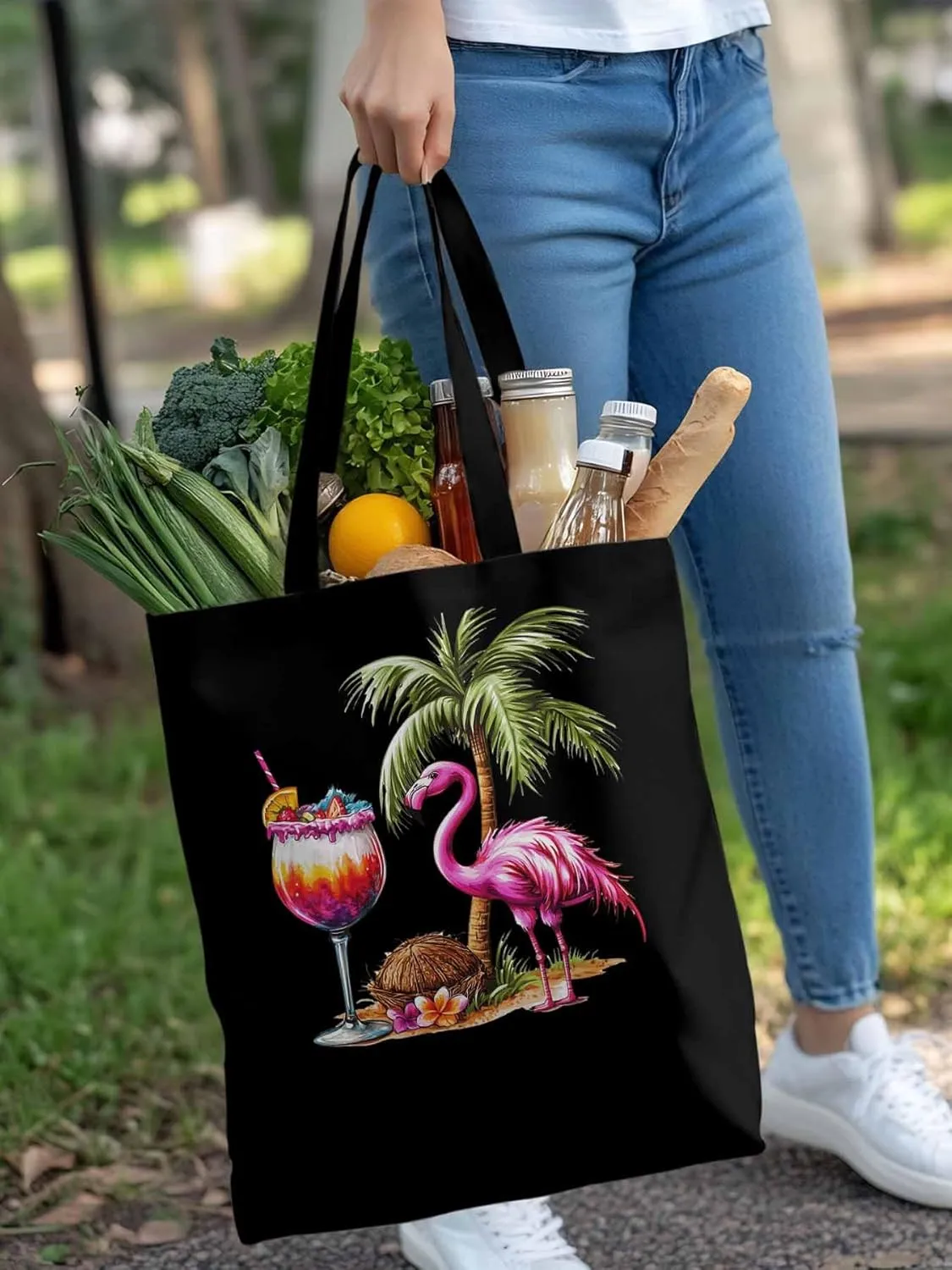 Canvas Tote Bag, Palm Tree Flamingo Beach Aesthetic Canvas Tote Handbags for Women Shoulder Bag,