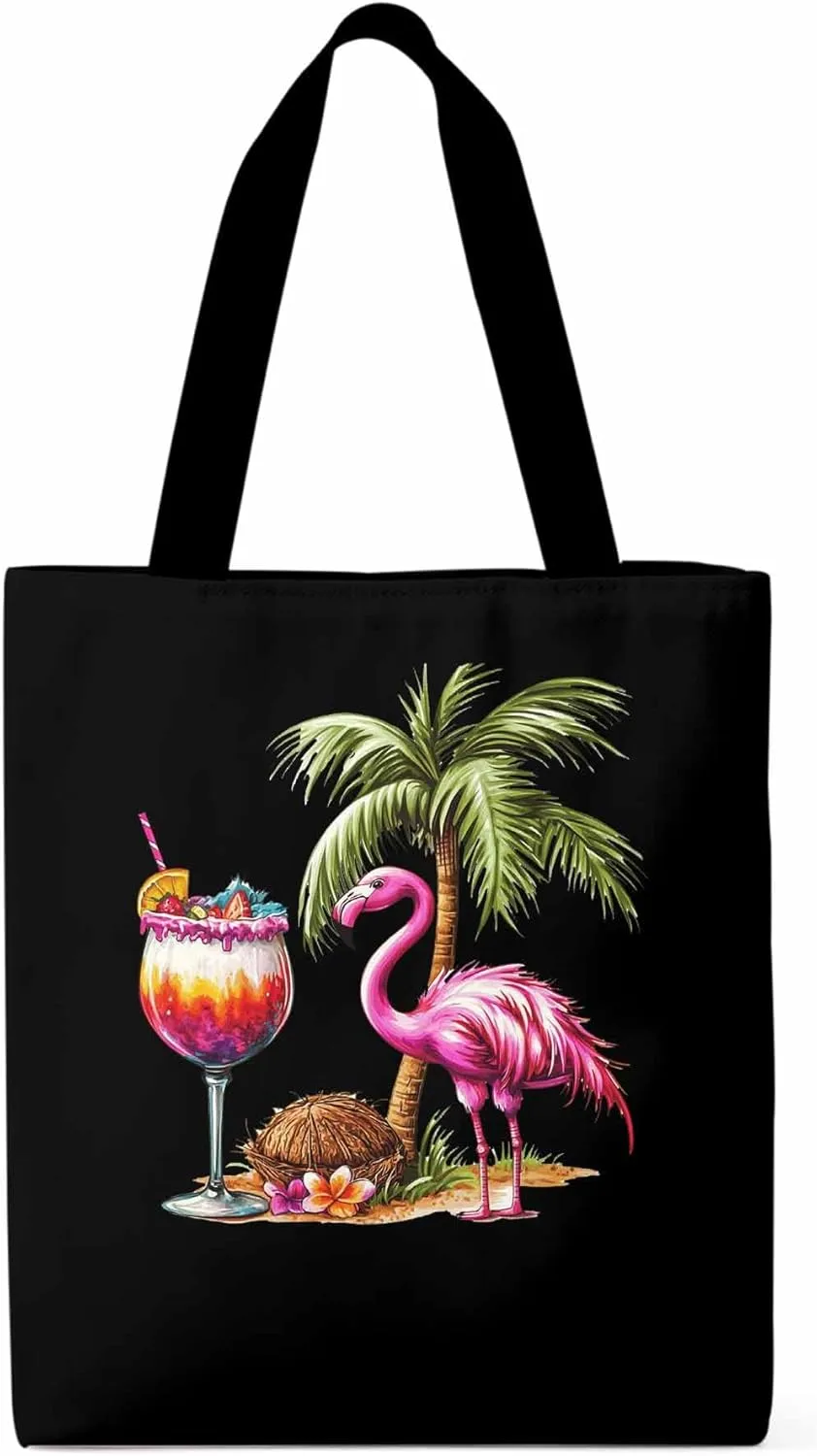 Canvas Tote Bag, Palm Tree Flamingo Beach Aesthetic Canvas Tote Handbags for Women Shoulder Bag,