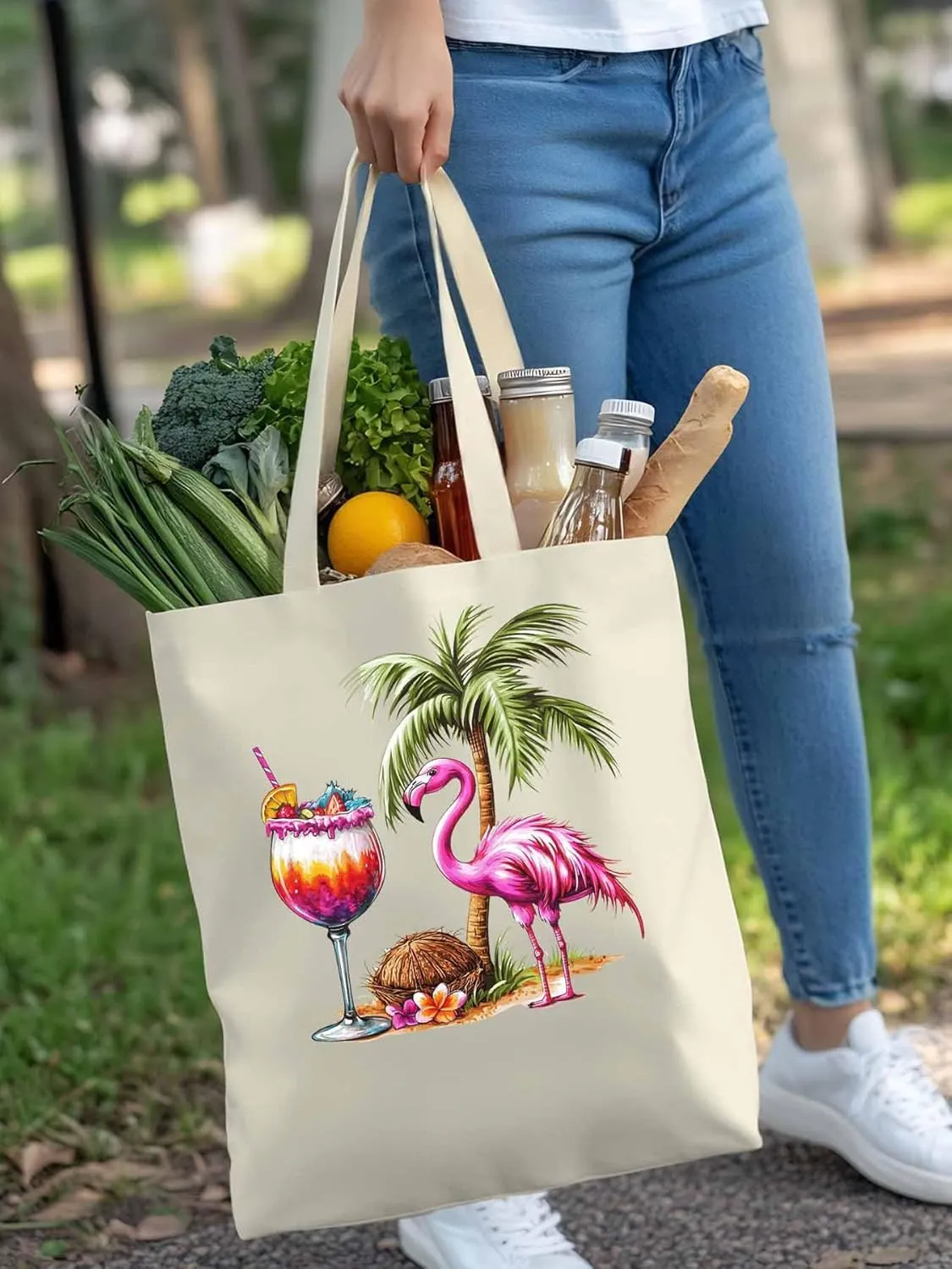 Canvas Tote Bag, Palm Tree Flamingo Beach Aesthetic Canvas Tote Handbags for Women Shoulder Bag,