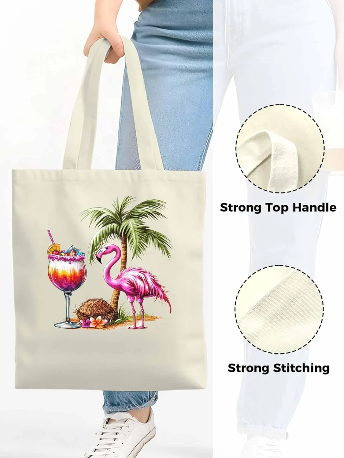 Canvas Tote Bag, Palm Tree Flamingo Beach Aesthetic Canvas Tote Handbags for Women Shoulder Bag,