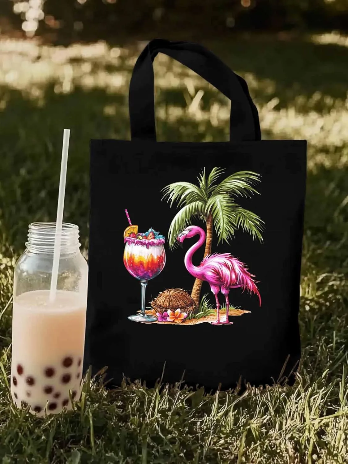 Canvas Tote Bag, Palm Tree Flamingo Beach Aesthetic Canvas Tote Handbags for Women Shoulder Bag,