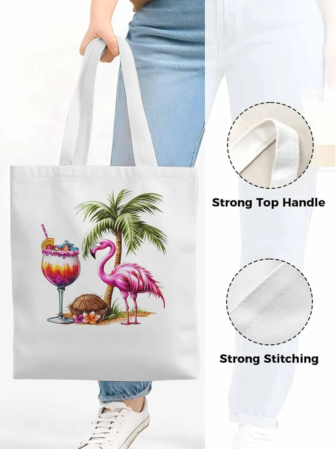 Canvas Tote Bag, Palm Tree Flamingo Beach Aesthetic Canvas Tote Handbags for Women Shoulder Bag,