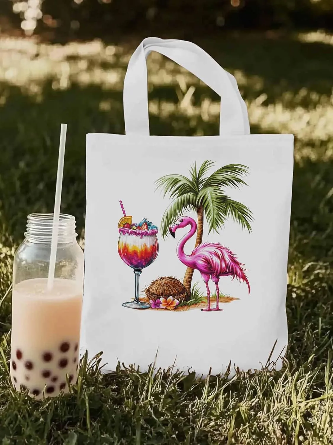 Canvas Tote Bag, Palm Tree Flamingo Beach Aesthetic Canvas Tote Handbags for Women Shoulder Bag,