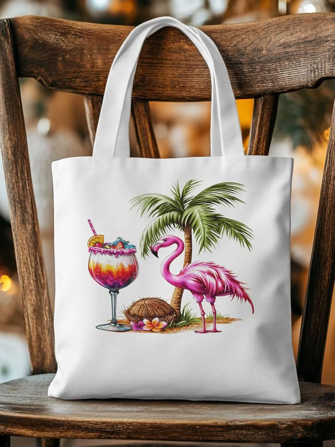 Canvas Tote Bag, Palm Tree Flamingo Beach Aesthetic Canvas Tote Handbags for Women Shoulder Bag,