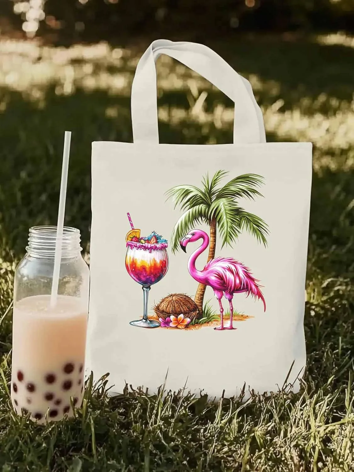 Canvas Tote Bag, Palm Tree Flamingo Beach Aesthetic Canvas Tote Handbags for Women Shoulder Bag,