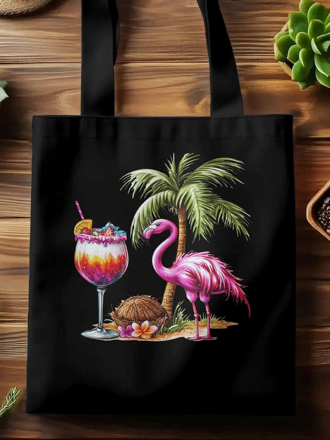 Canvas Tote Bag, Palm Tree Flamingo Beach Aesthetic Canvas Tote Handbags for Women Shoulder Bag,