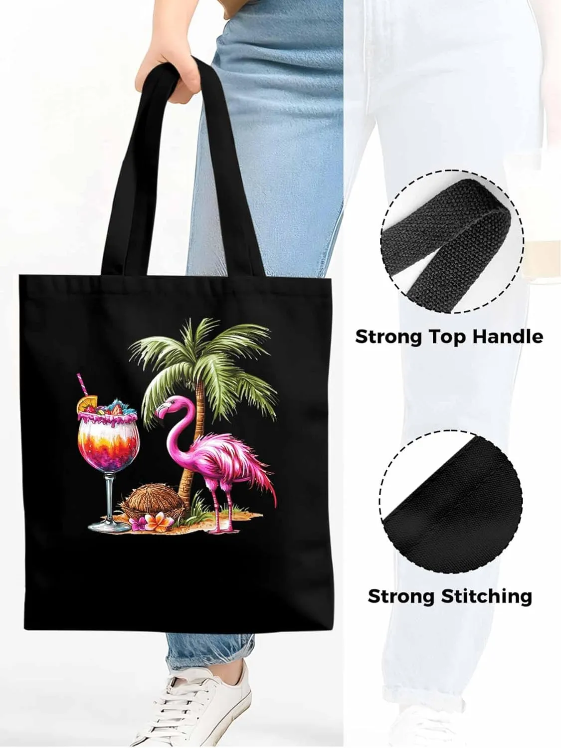 Canvas Tote Bag, Palm Tree Flamingo Beach Aesthetic Canvas Tote Handbags for Women Shoulder Bag,