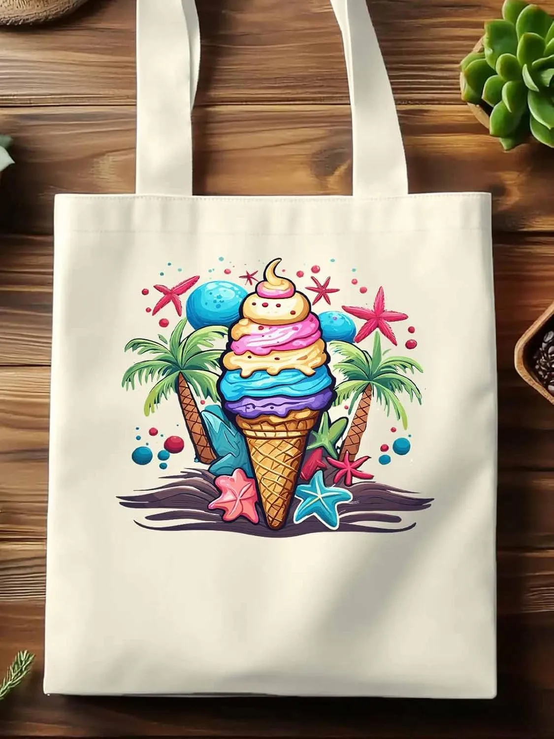 Canvas Tote Bag, Palm Tree Summer Ice Cream Aesthetic Canvas Tote Handbags for Women Shoulder Bag