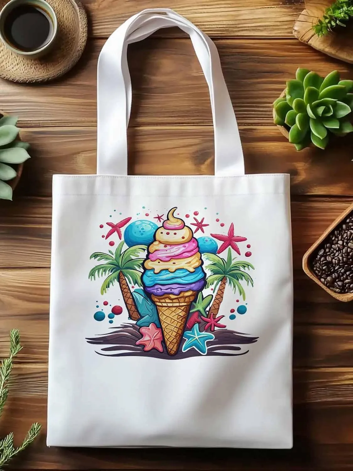 Canvas Tote Bag, Palm Tree Summer Ice Cream Aesthetic Canvas Tote Handbags for Women Shoulder Bag
