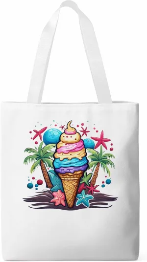 Canvas Tote Bag, Palm Tree Summer Ice Cream Aesthetic Canvas Tote Handbags for Women Shoulder Bag