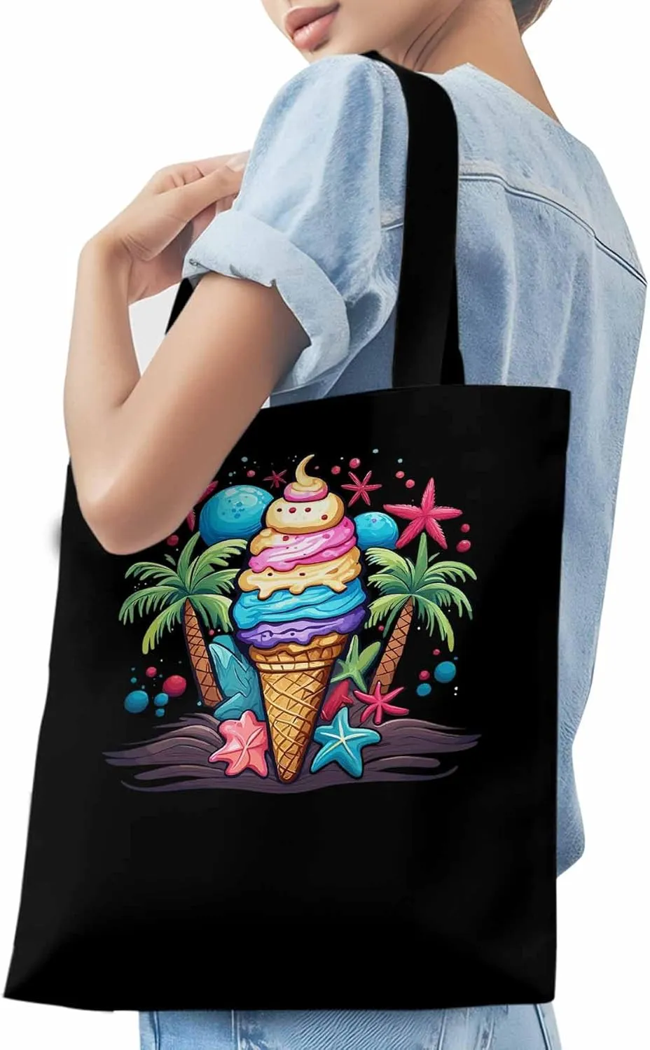 Canvas Tote Bag, Palm Tree Summer Ice Cream Aesthetic Canvas Tote Handbags for Women Shoulder Bag