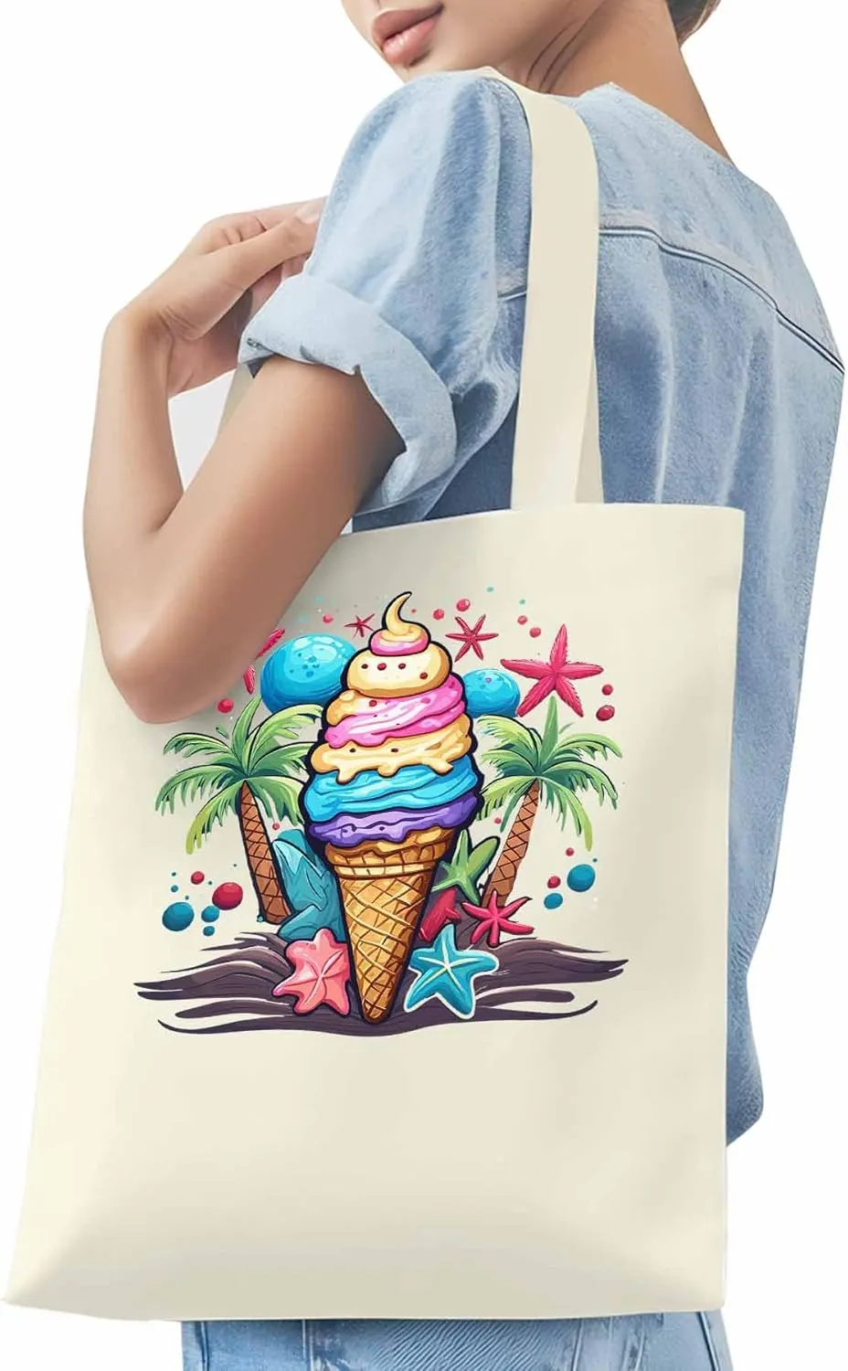 Canvas Tote Bag, Palm Tree Summer Ice Cream Aesthetic Canvas Tote Handbags for Women Shoulder Bag