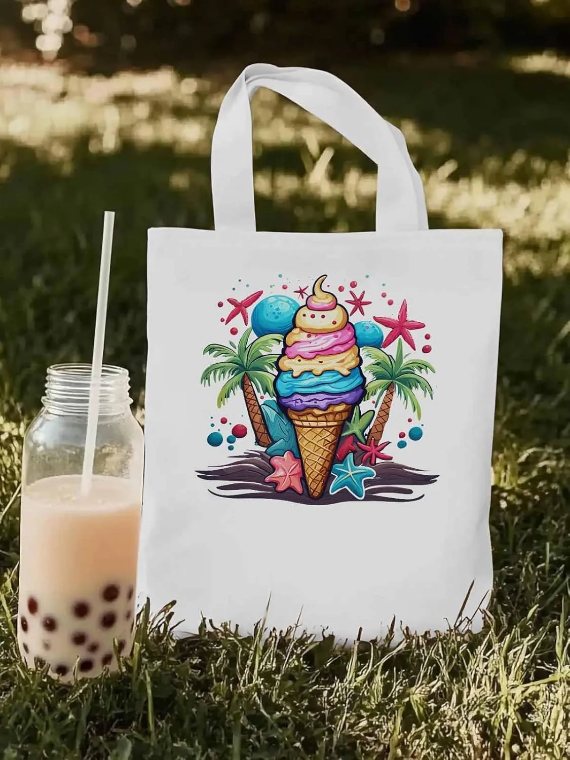 Canvas Tote Bag, Palm Tree Summer Ice Cream Aesthetic Canvas Tote Handbags for Women Shoulder Bag