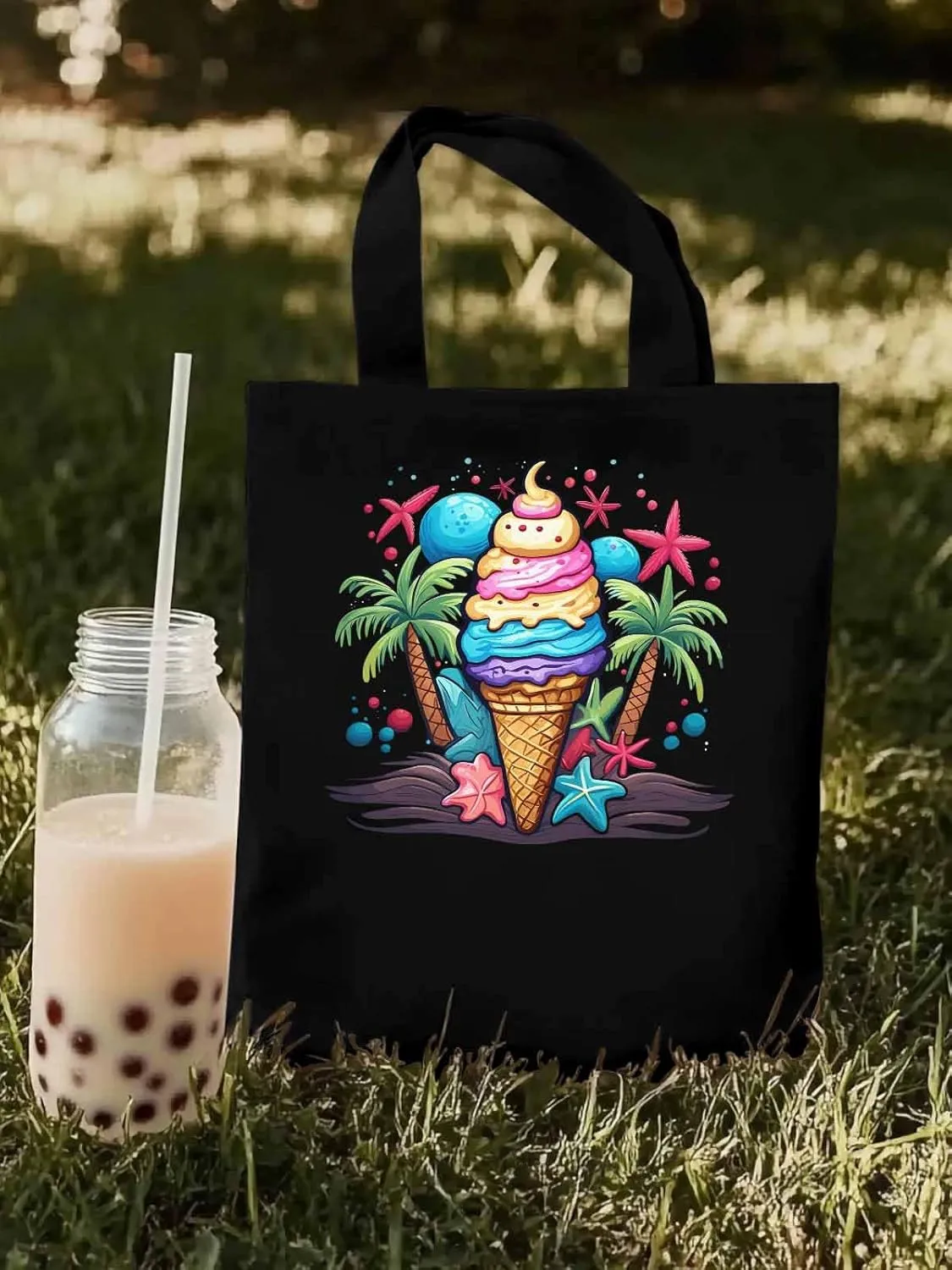 Canvas Tote Bag, Palm Tree Summer Ice Cream Aesthetic Canvas Tote Handbags for Women Shoulder Bag