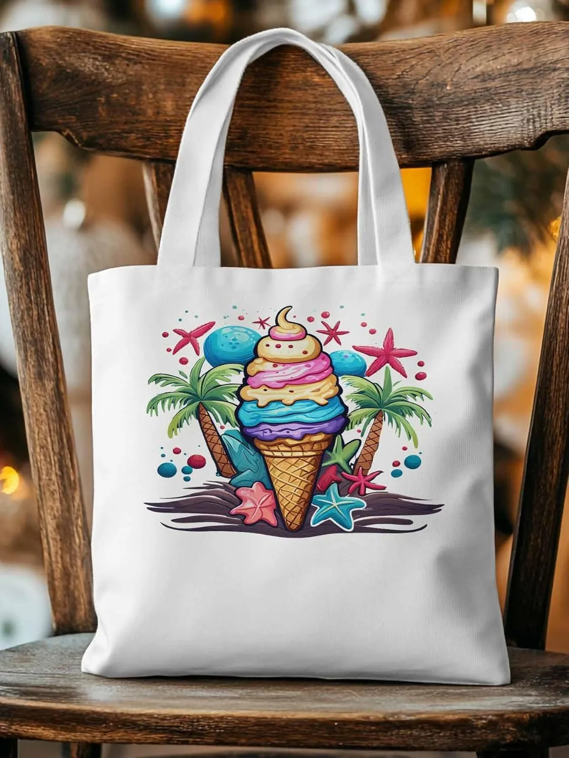 Canvas Tote Bag, Palm Tree Summer Ice Cream Aesthetic Canvas Tote Handbags for Women Shoulder Bag