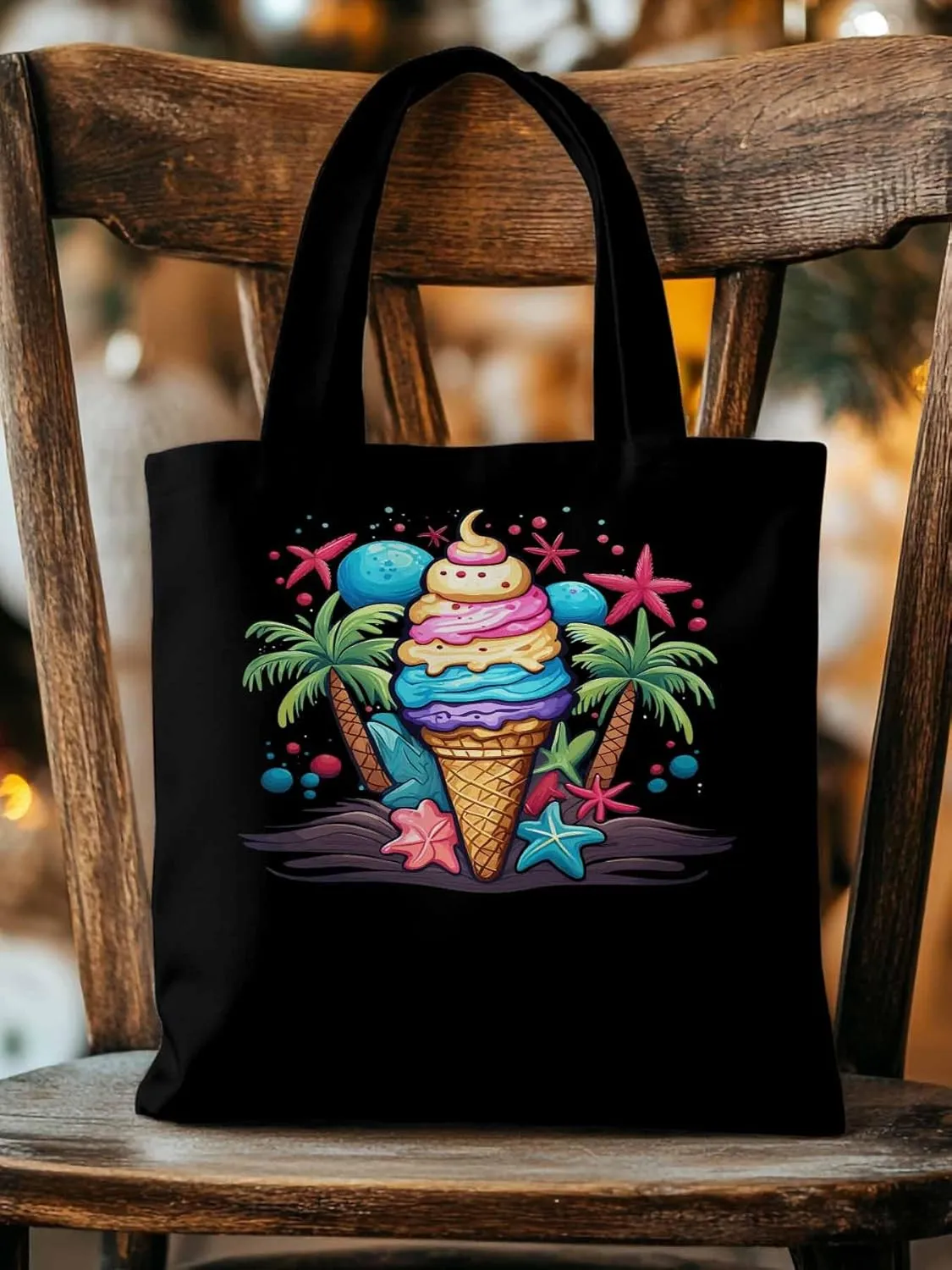 Canvas Tote Bag, Palm Tree Summer Ice Cream Aesthetic Canvas Tote Handbags for Women Shoulder Bag