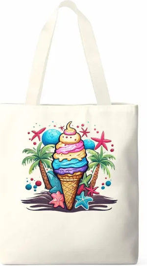Canvas Tote Bag, Palm Tree Summer Ice Cream Aesthetic Canvas Tote Handbags for Women Shoulder Bag