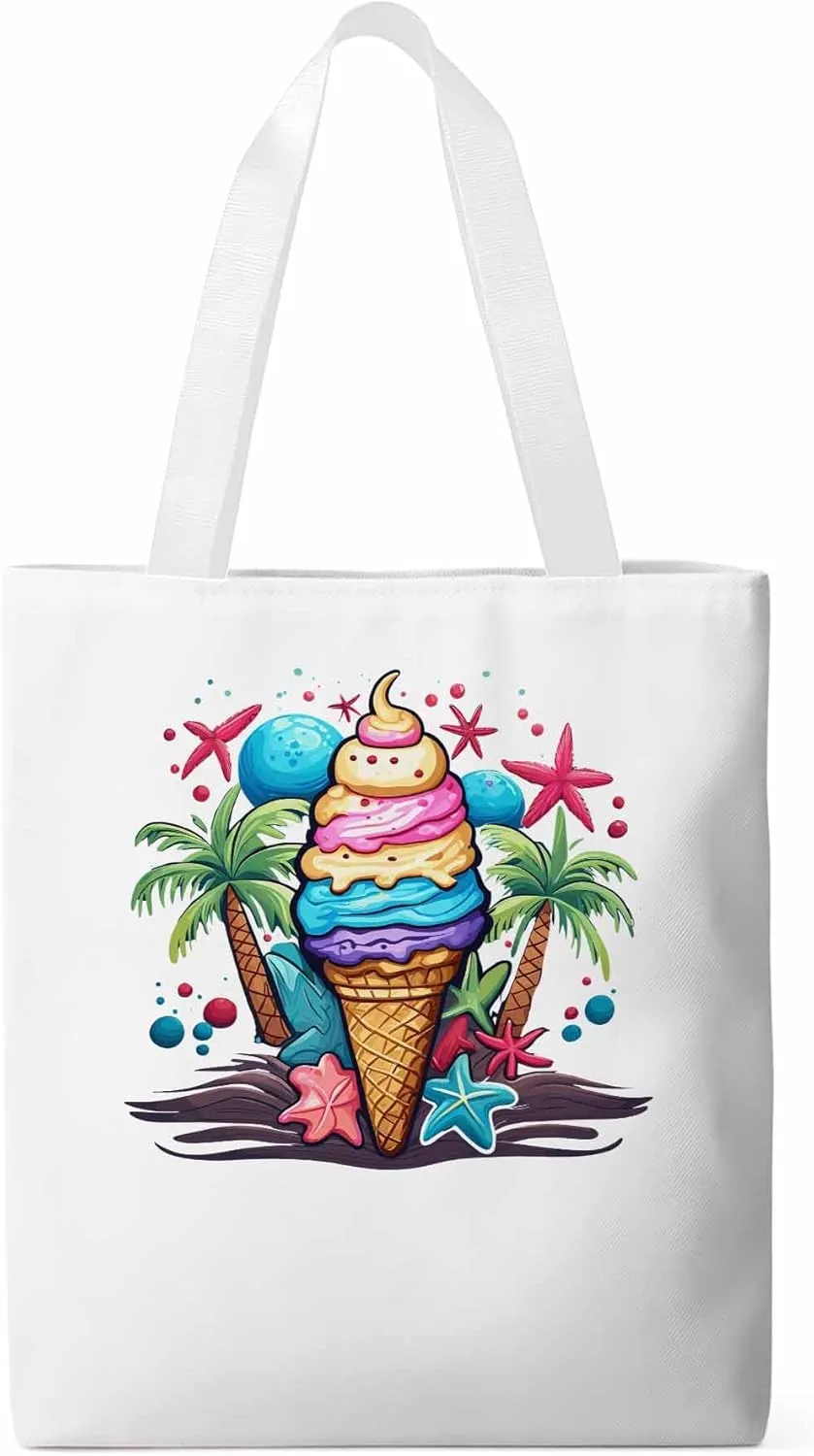 Canvas Tote Bag, Palm Tree Summer Ice Cream Aesthetic Canvas Tote Handbags for Women Shoulder Bag