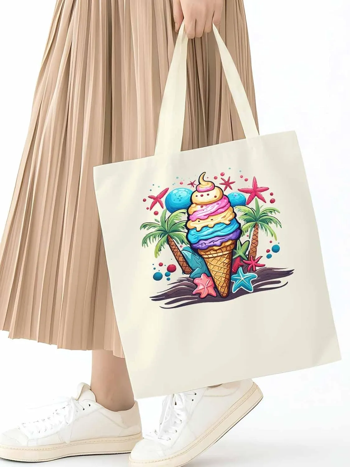 Canvas Tote Bag, Palm Tree Summer Ice Cream Aesthetic Canvas Tote Handbags for Women Shoulder Bag