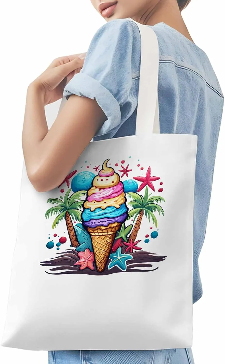 Canvas Tote Bag, Palm Tree Summer Ice Cream Aesthetic Canvas Tote Handbags for Women Shoulder Bag