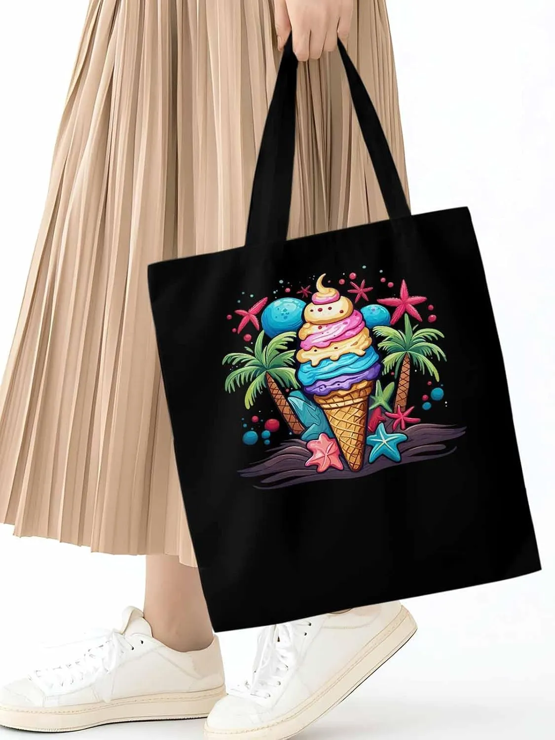 Canvas Tote Bag, Palm Tree Summer Ice Cream Aesthetic Canvas Tote Handbags for Women Shoulder Bag
