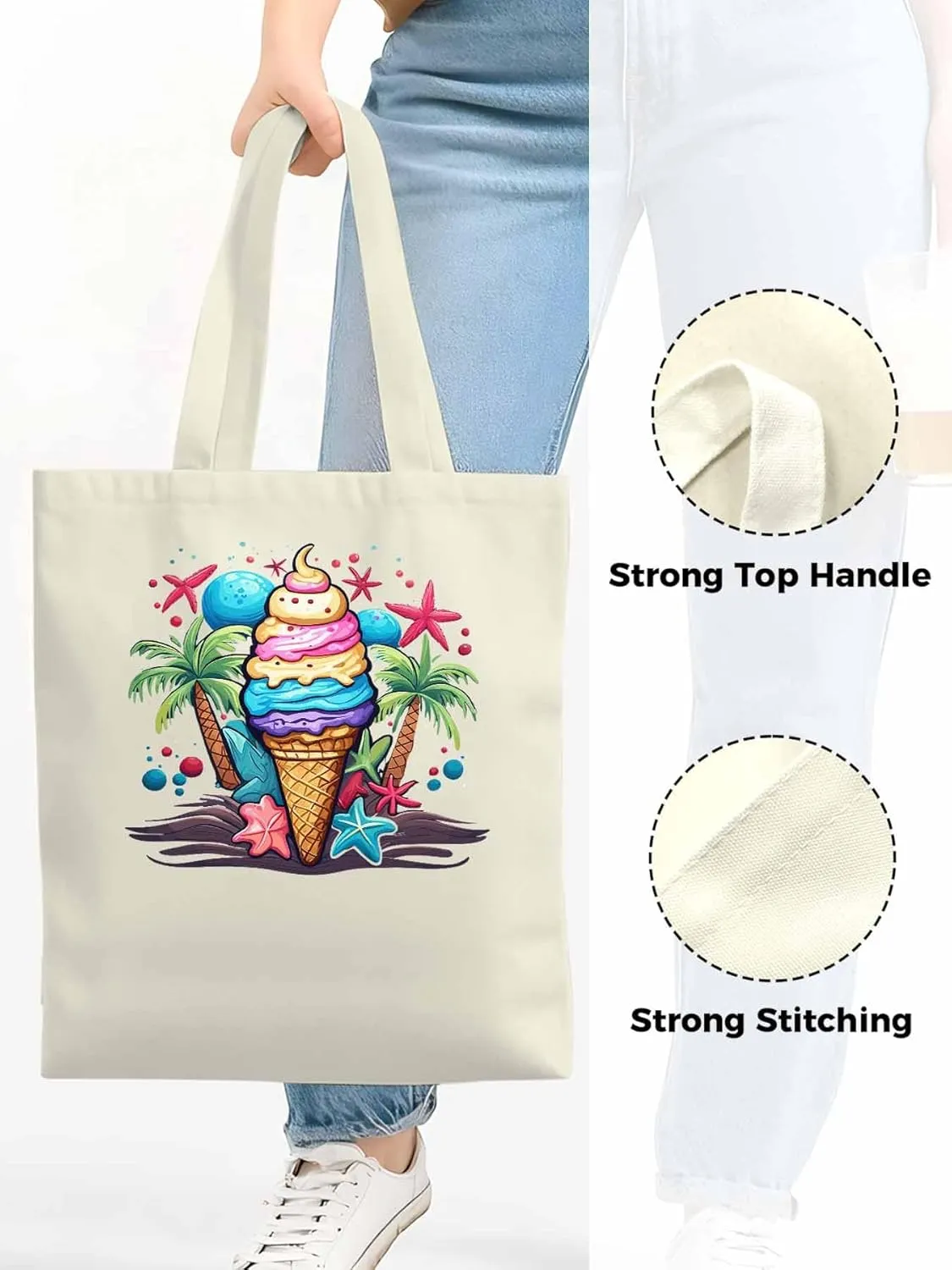 Canvas Tote Bag, Palm Tree Summer Ice Cream Aesthetic Canvas Tote Handbags for Women Shoulder Bag